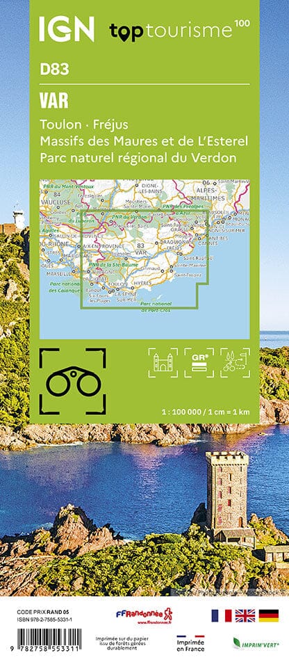 Carte touristique TOP 100 D83 - Var : Toulon, Fréjus, Massif Maures et de l'Esterel, PNR du Verdon | IGN carte routière IGN