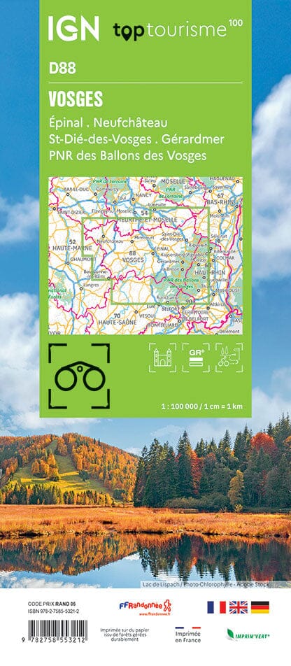 Carte touristique TOP 100 D88 - Vosges : Epinal, Neufchâteau, St-Dié-des-Vosges, Gérardmer, PNR Ballon des Vosges | IGN carte routière IGN