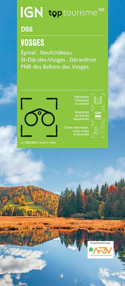Carte touristique TOP 100 D88 - Vosges : Epinal, Neufchâteau, St-Dié-des-Vosges, Gérardmer, PNR Ballon des Vosges | IGN carte routière IGN Default Title