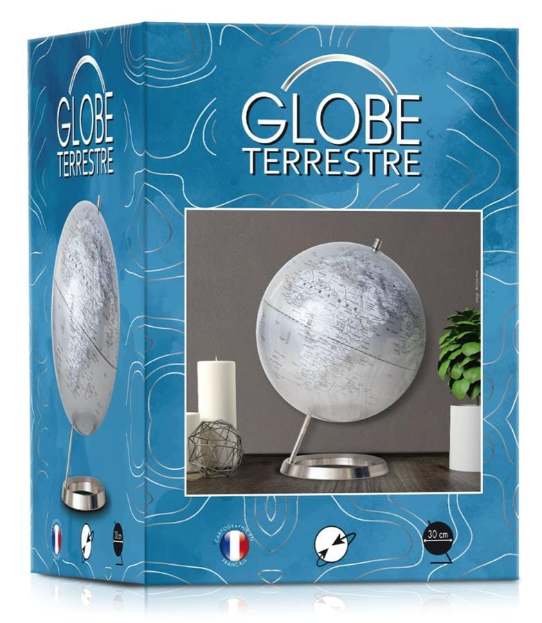 Globe blanc & argent de diamètre 30 cm, pied chromé (en français) globe Cartotheque Egg
