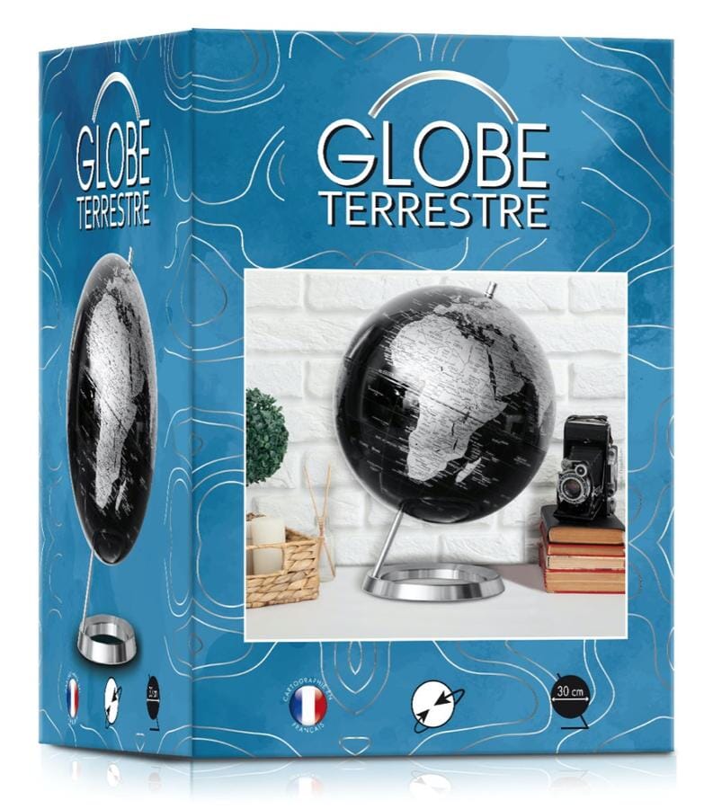 Globe noir & argent incliné de diamètre 30 cm, pied chromé (en français) globe Cartotheque Egg