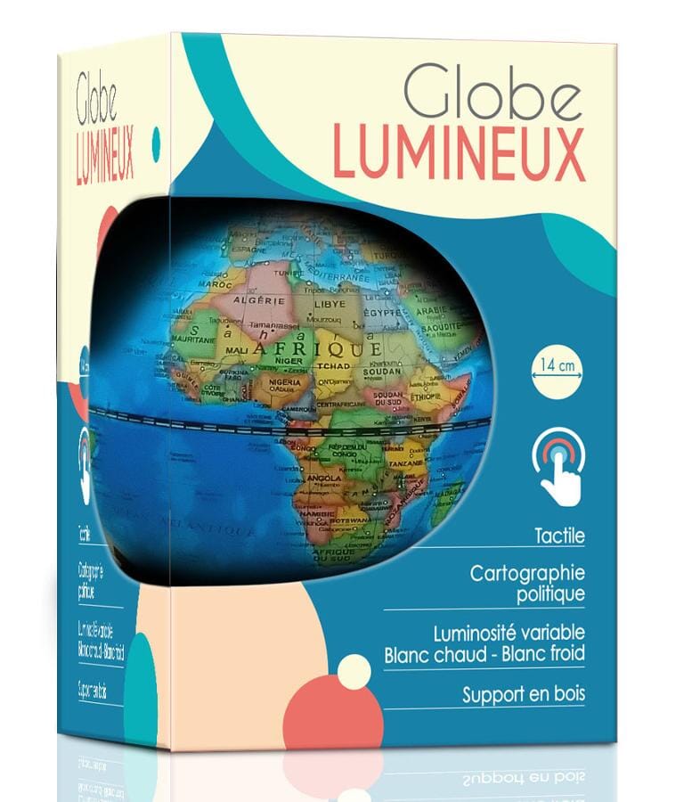 Globe terrestre lumineux de diamètre 14 cm, avec support en bois (en français) globe Cartotheque Egg 