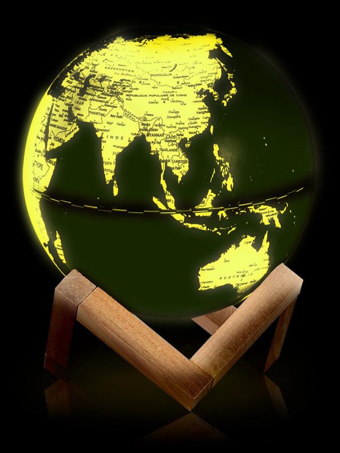 Globe terrestre lumineux de diamètre 14 cm, Noir et Or, avec support en bois, en français globe Cartotheque Egg 