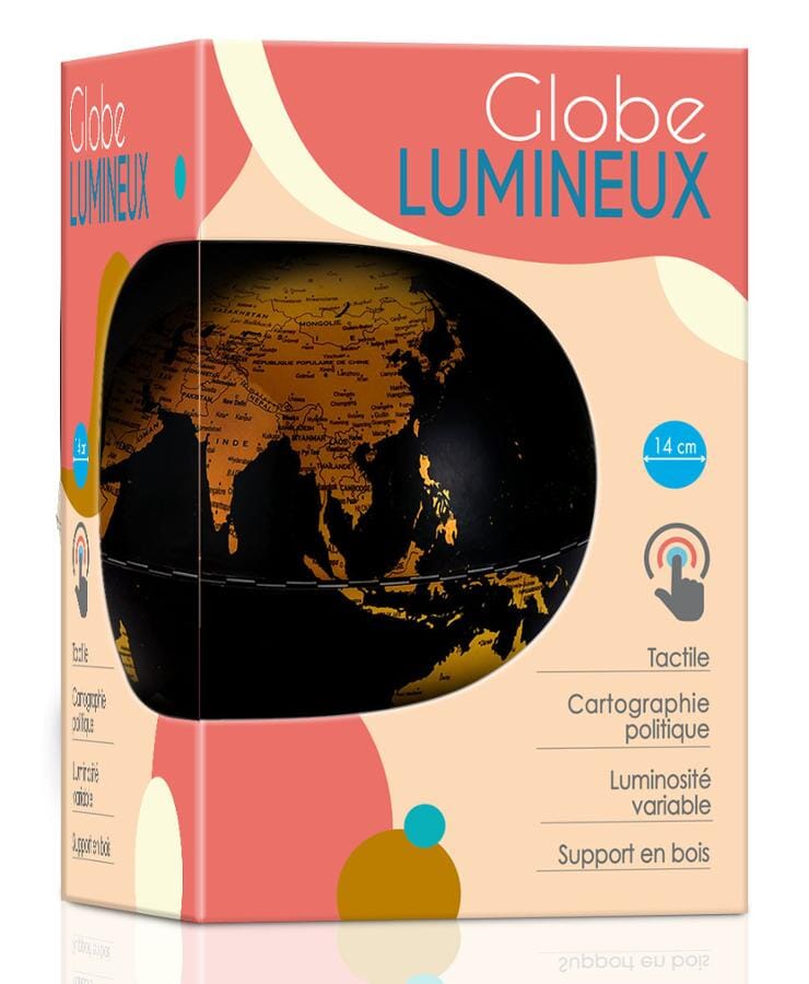 Globe terrestre lumineux de diamètre 14 cm, Noir et Or, avec support en bois, en français globe Cartotheque Egg 