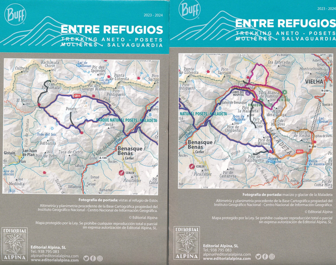 Lot de 2 cartes de randonnée - Entre Refugios : Trekking Aneto, Posets, Molières, Salvaguardia (Pyrénées) | Alpina carte pliée Editorial Alpina 