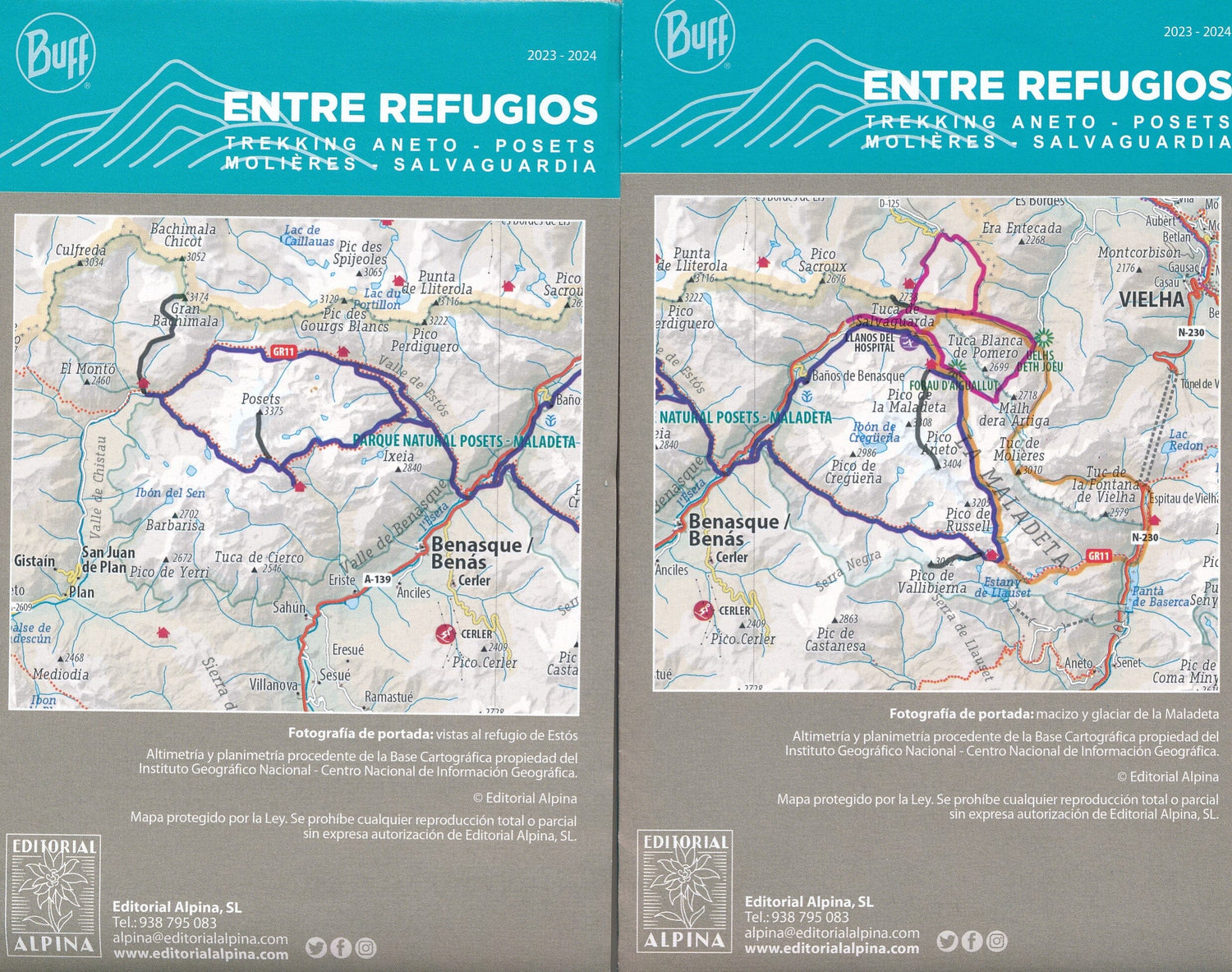 Lot de 2 cartes de randonnée - Entre Refugios : Trekking Aneto, Posets, Molières, Salvaguardia (Pyrénées) | Alpina carte de randonnée Editorial Alpina