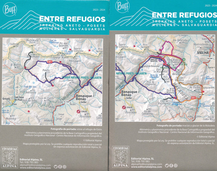 Lot de 2 cartes de randonnée - Entre Refugios : Trekking Aneto, Posets, Molières, Salvaguardia (Pyrénées) | Alpina carte pliée Editorial Alpina 