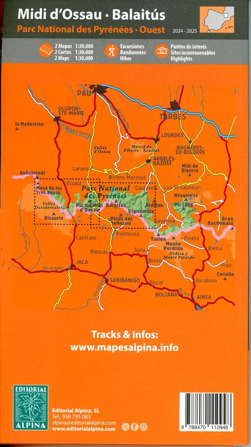 Lot de 2 cartes de randonnée - Midi d'Ossau, Balaitus (Parc national des Pyrénées Ouest) | Alpina carte de randonnée Editorial Alpina