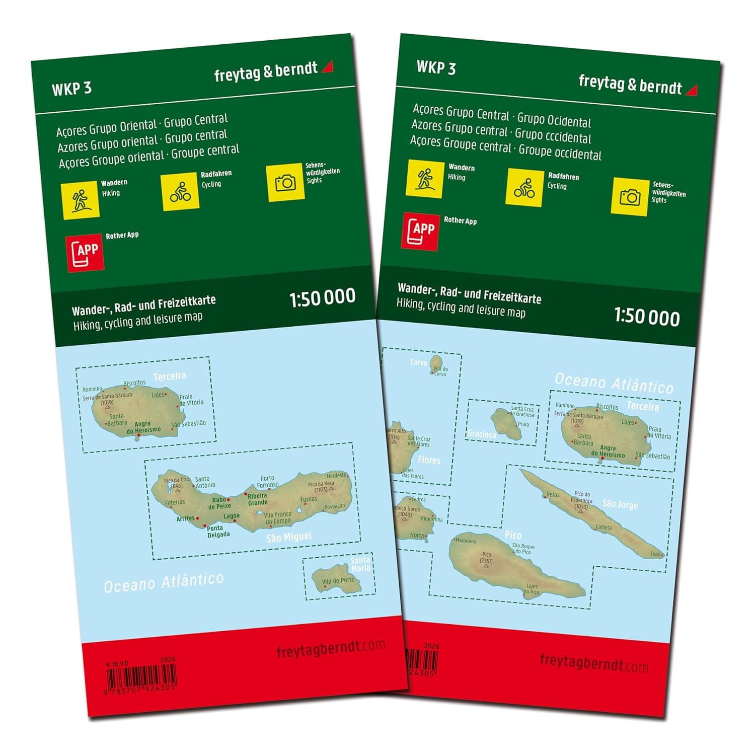 Lot de 2 cartes de randonnée & vélo - Açores | Freytag & Berndt - 1/50 000 carte de randonnée Freytag & Berndt 
