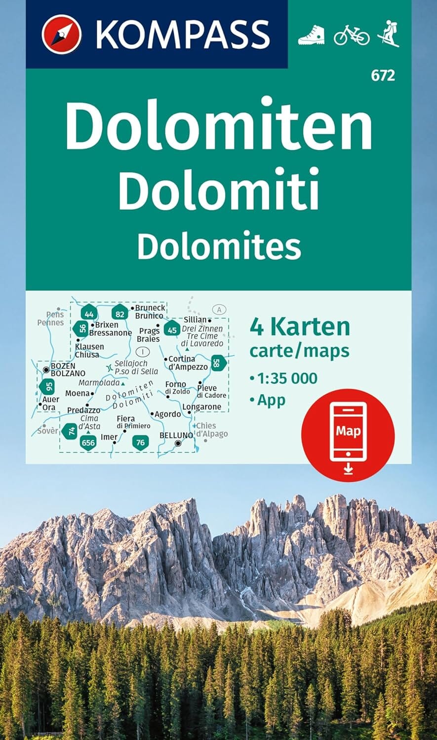 Lot de 4 cartes de randonnée n° 672 - Dolomites (Italie) | Kompass carte de randonnée Kompass