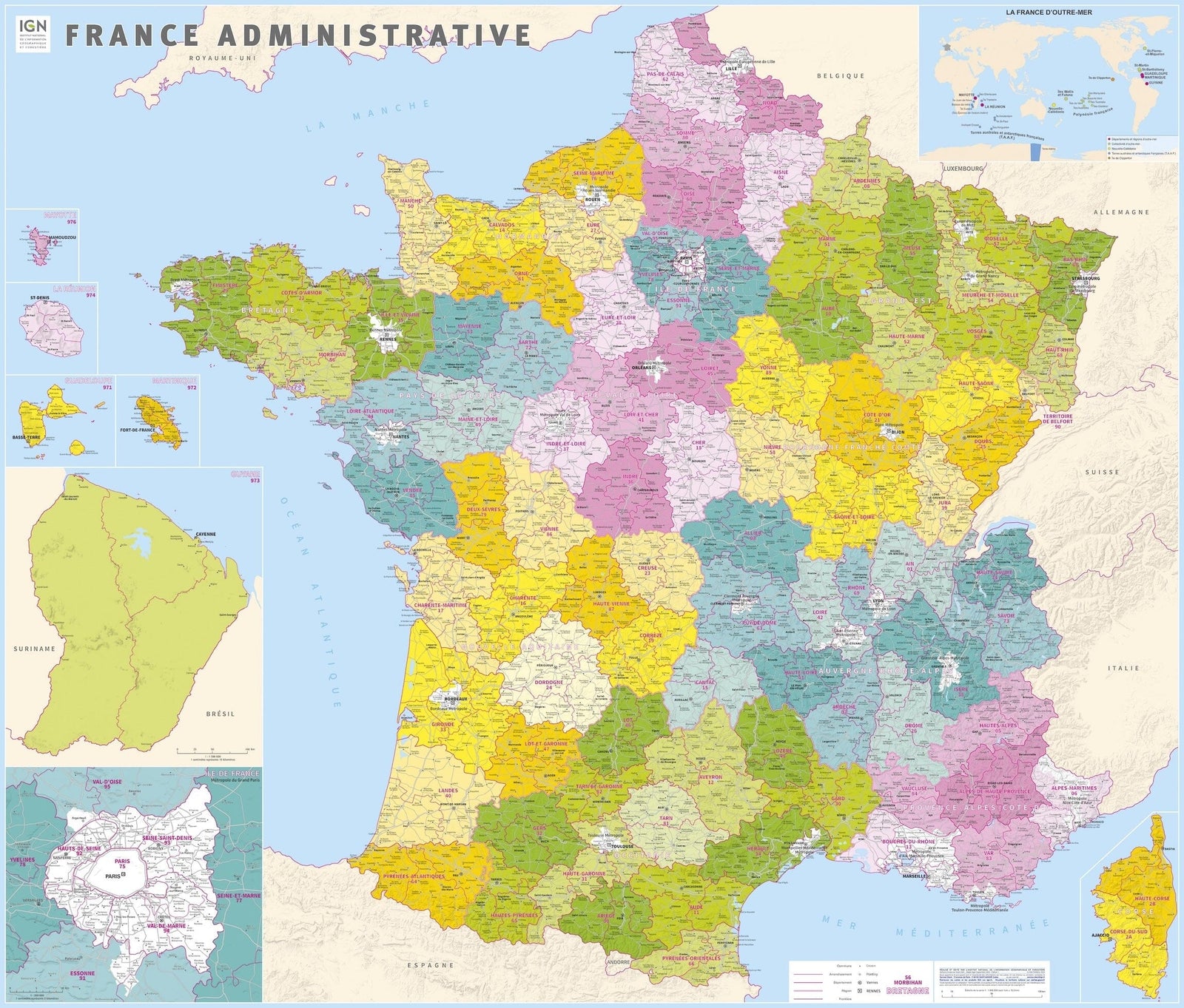Panneau magnétique - France administrative - 115 x 100 cm | IGN panneau magnétique IGN