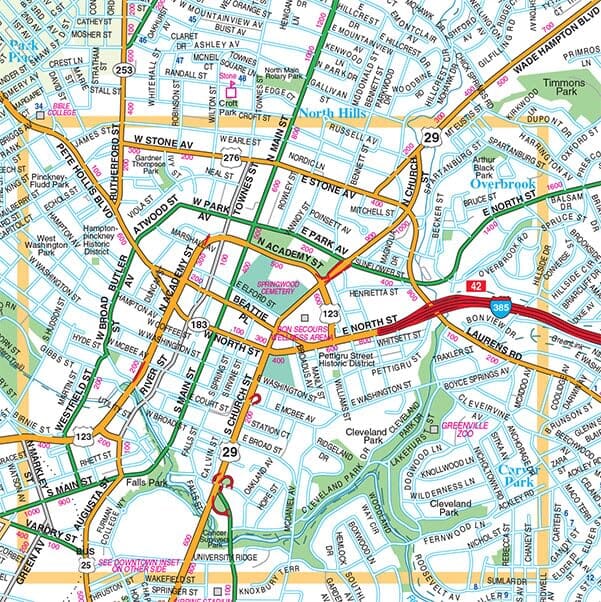 Plan des rues - Greenville, Caroline du Sud | GM Johnson plan de ville GM Johnson 