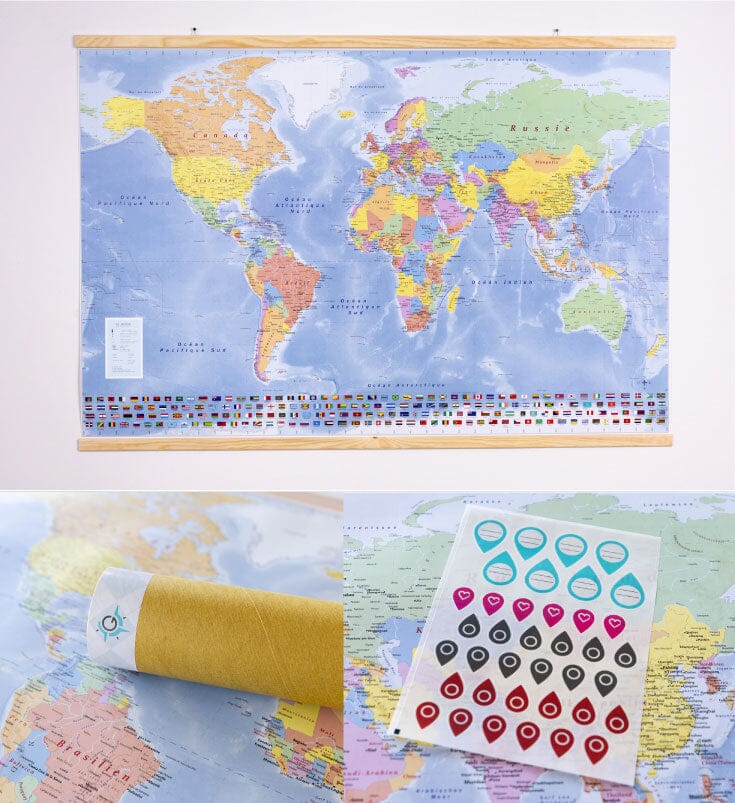 Planisphère plastifié en français - 100 x 70 cm, avec baguettes de maintien en bois | GeoMetro carte murale roulée (en tube) GeoMetro