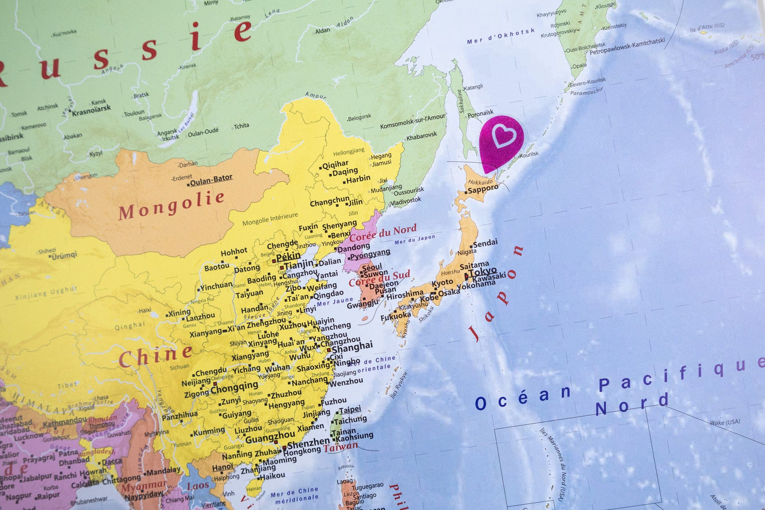 Planisphère plastifié en français - 100 x 70 cm, avec baguettes de maintien en bois | GeoMetro carte murale roulée (en tube) GeoMetro