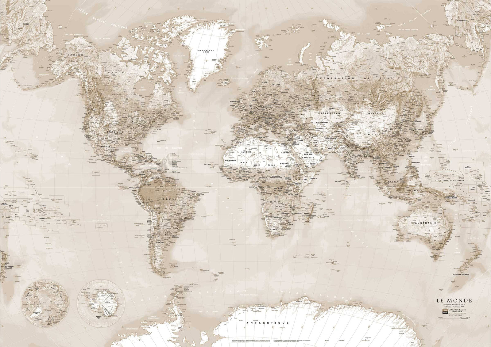 Planisphère plastifié - Monde politique, style vintage (133 x 90 cm) | Blay Foldex carte murale roulée (en tube) Blay Foldex