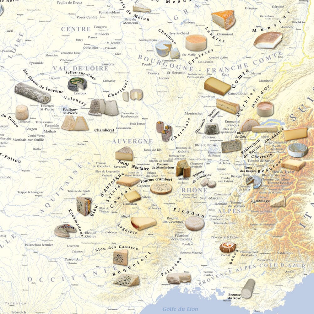 Poster – Carte des fromages AOC de France - 80 x 80 cm | Blay Foldex carte murale roulée (en tube) Blay Foldex