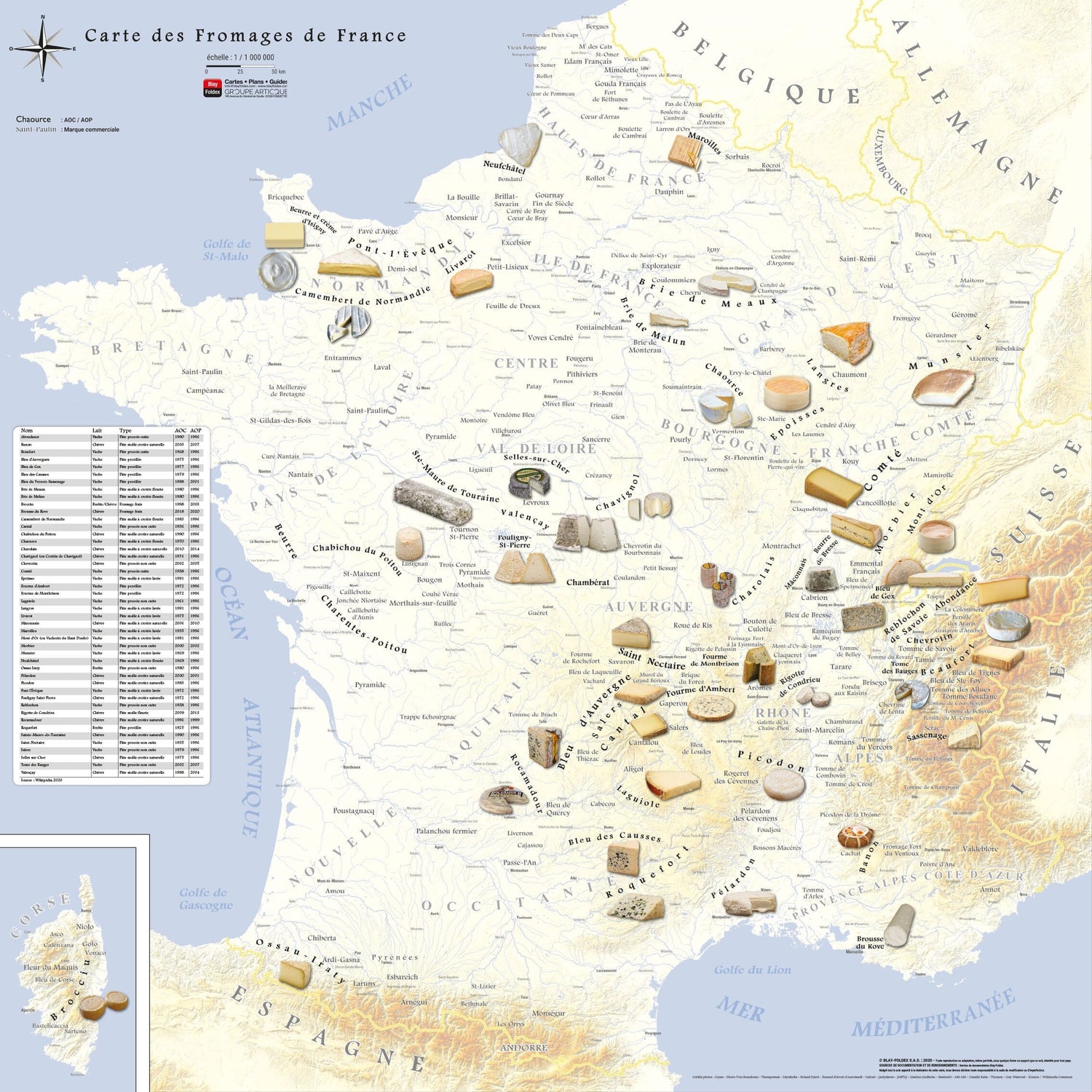 Poster – Carte des fromages AOC de France - 80 x 80 cm | Blay Foldex carte murale roulée (en tube) Blay Foldex Fond Jaune Papier 150 g avec plastification mate