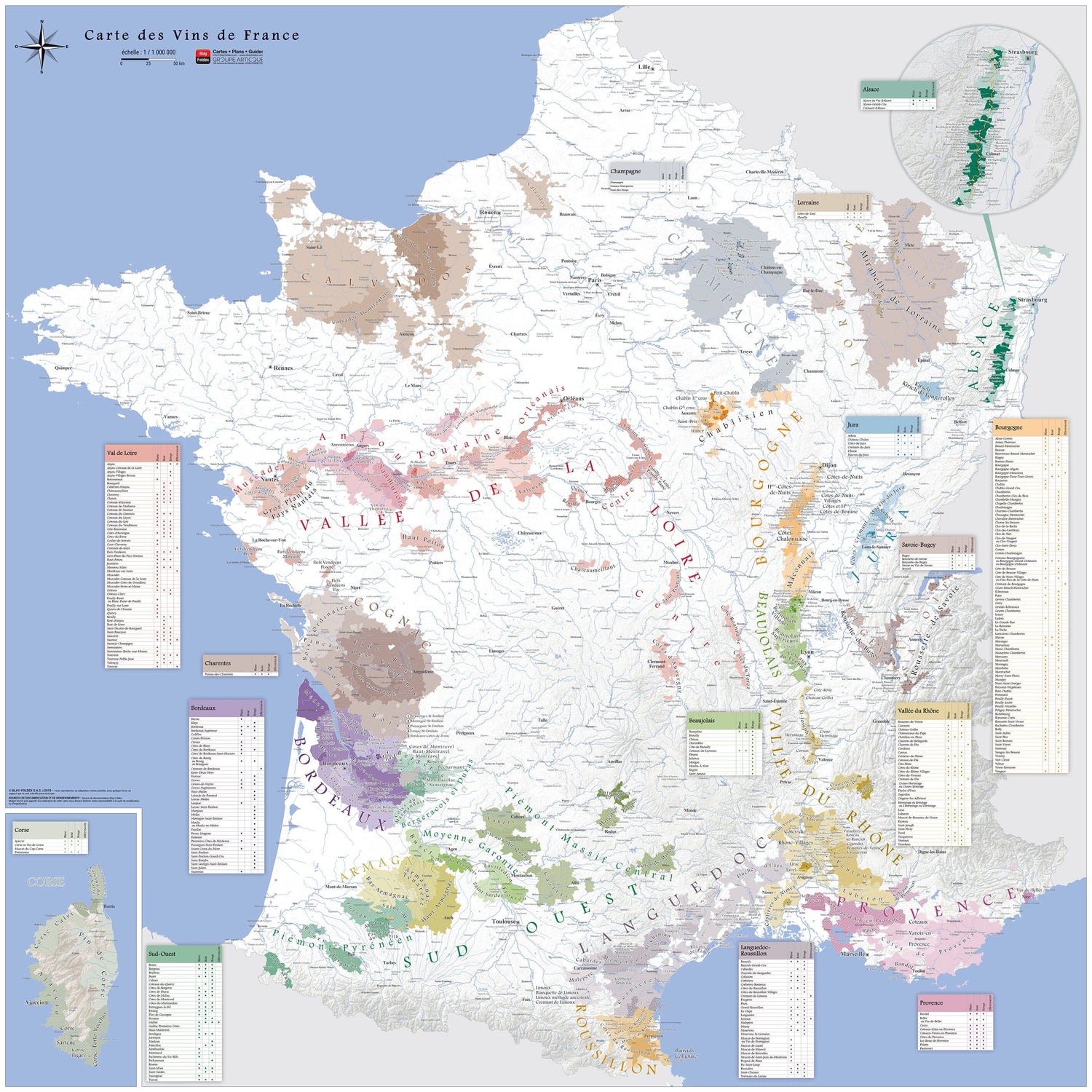 Carte des vins AOC de la France (100 x 100 cm) encadrée | Blay Foldex carte murale livrée à plat Blay Foldex