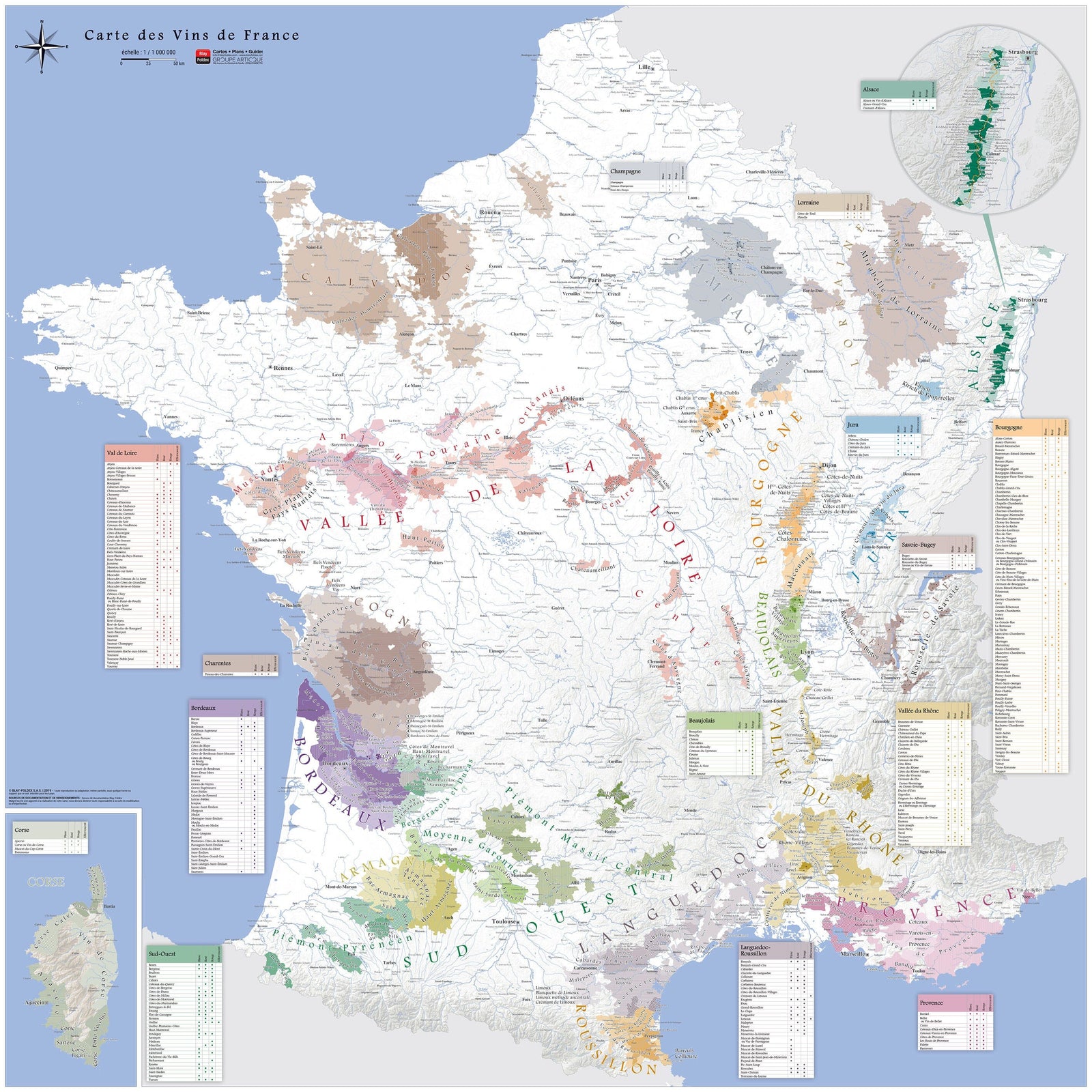 Poster – Carte des vins AOC de la France (100 x 100 cm) | Blay Foldex carte murale roulée (en tube) Blay Foldex
