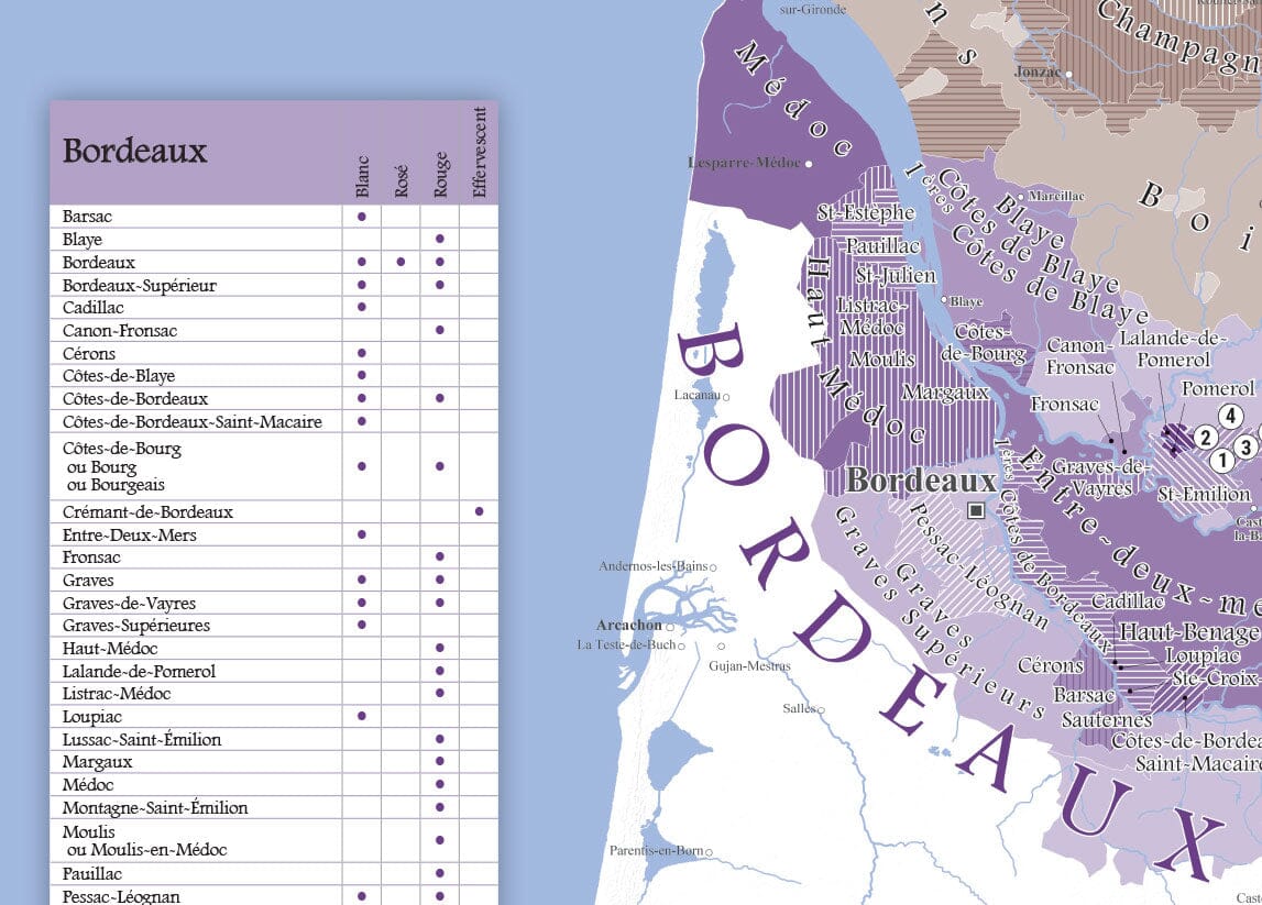 Carte des vins AOC de la France (100 x 100 cm) encadrée | Blay Foldex carte murale livrée à plat Blay Foldex