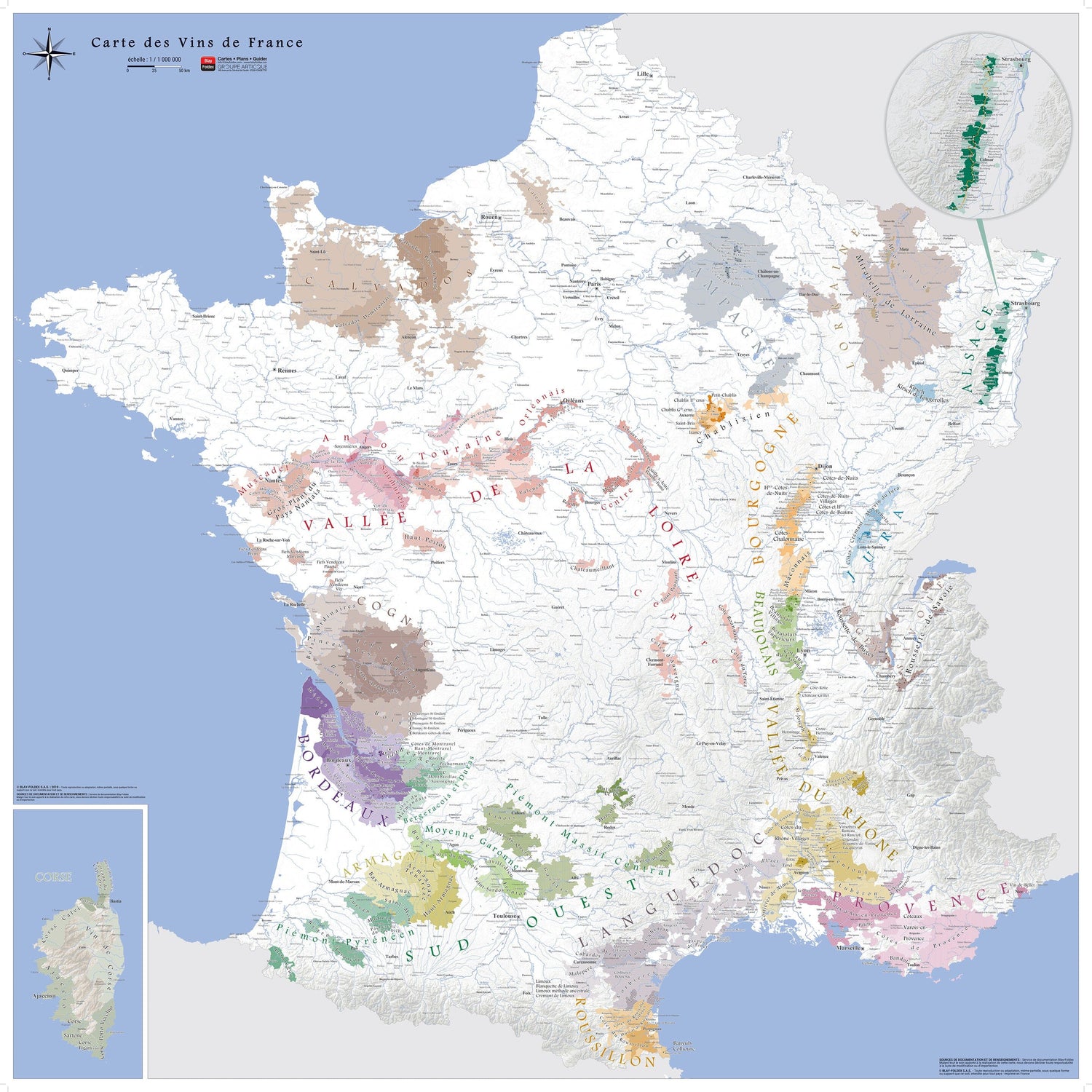 Poster – Carte simplifiée des vins AOC de la France (100 x 100 cm) | Blay Foldex carte murale roulée (en tube) Blay Foldex