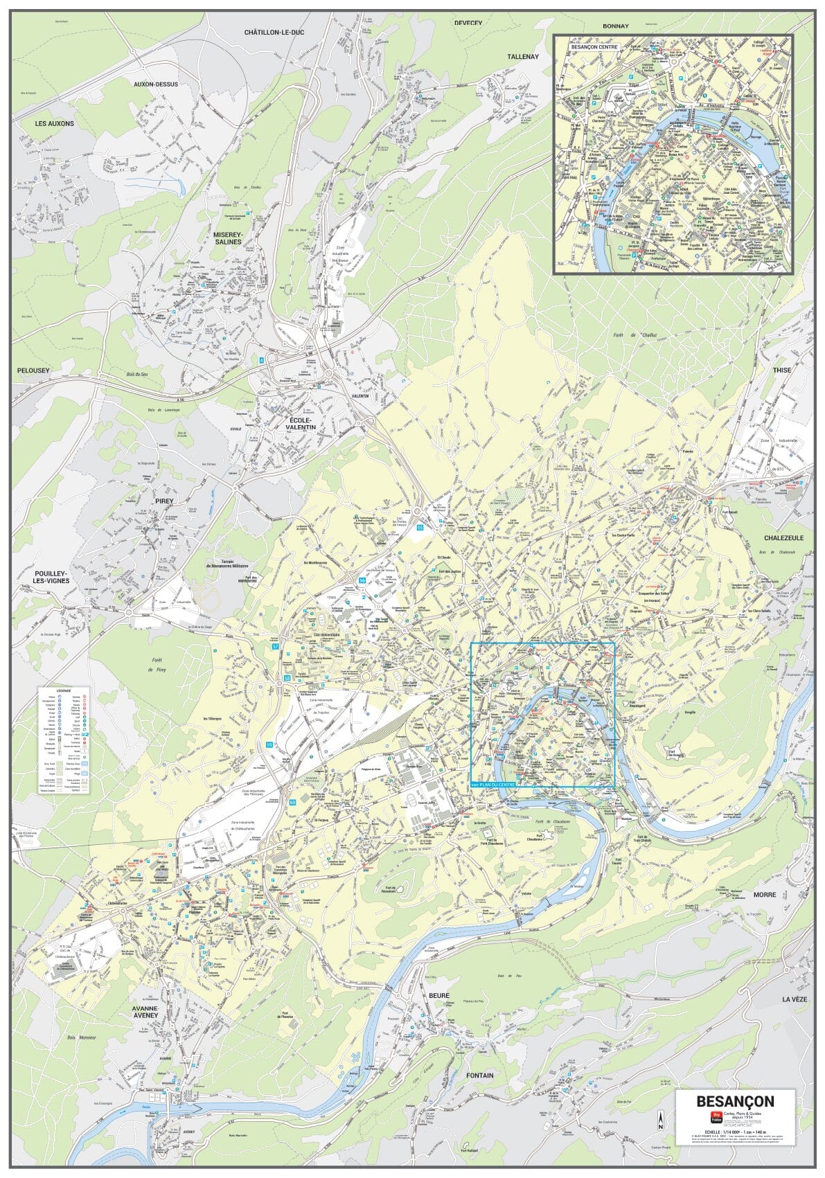 Poster de ville - Besançon (100 x 70 cm) | Blay Foldex carte murale roulée (en tube) Blay Foldex