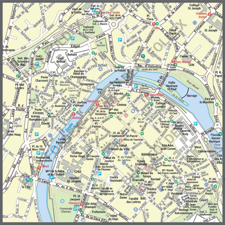 Poster de ville - Besançon (100 x 70 cm) | Blay Foldex carte murale roulée (en tube) Blay Foldex