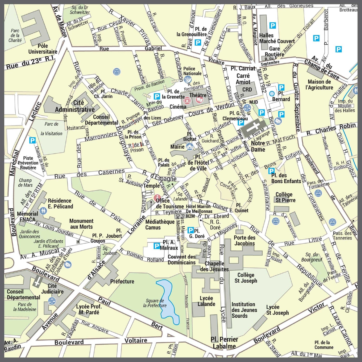 Poster de ville - Bourg-en-Bresse (70 x 70 cm) | Blay Foldex carte murale roulée (en tube) Blay Foldex