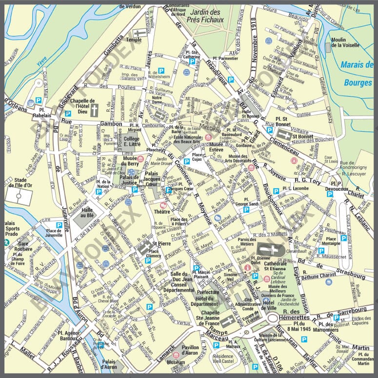 Poster de ville - Bourges (70 x 70 cm) | Blay Foldex carte murale roulée (en tube) Blay Foldex