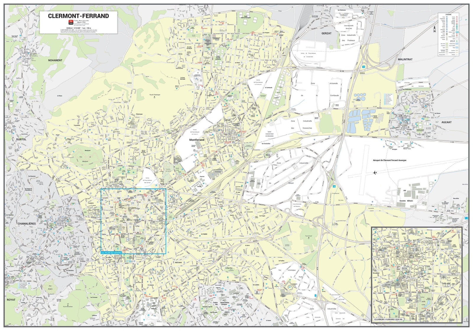 Poster de ville - Clermont-Ferrand (100 x 70 cm) | Blay Foldex carte murale roulée (en tube) Blay Foldex
