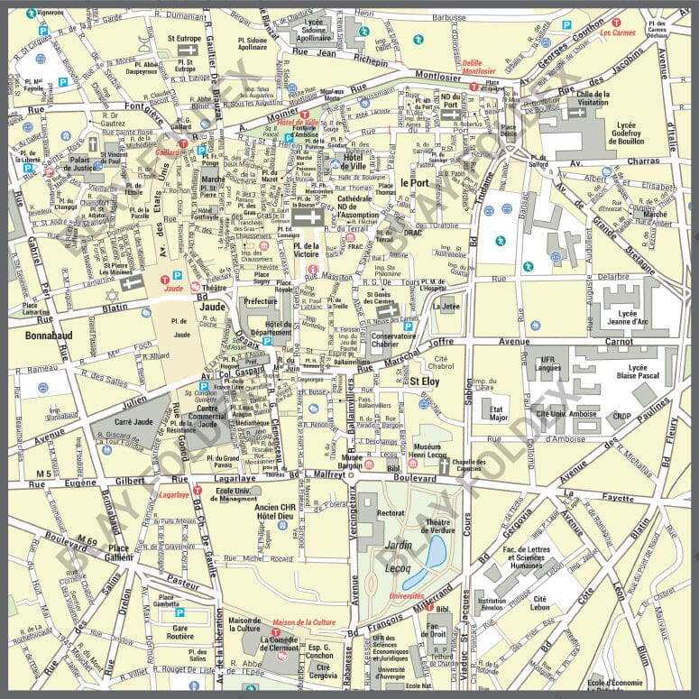 Poster de ville - Clermont-Ferrand (100 x 70 cm) | Blay Foldex carte murale roulée (en tube) Blay Foldex