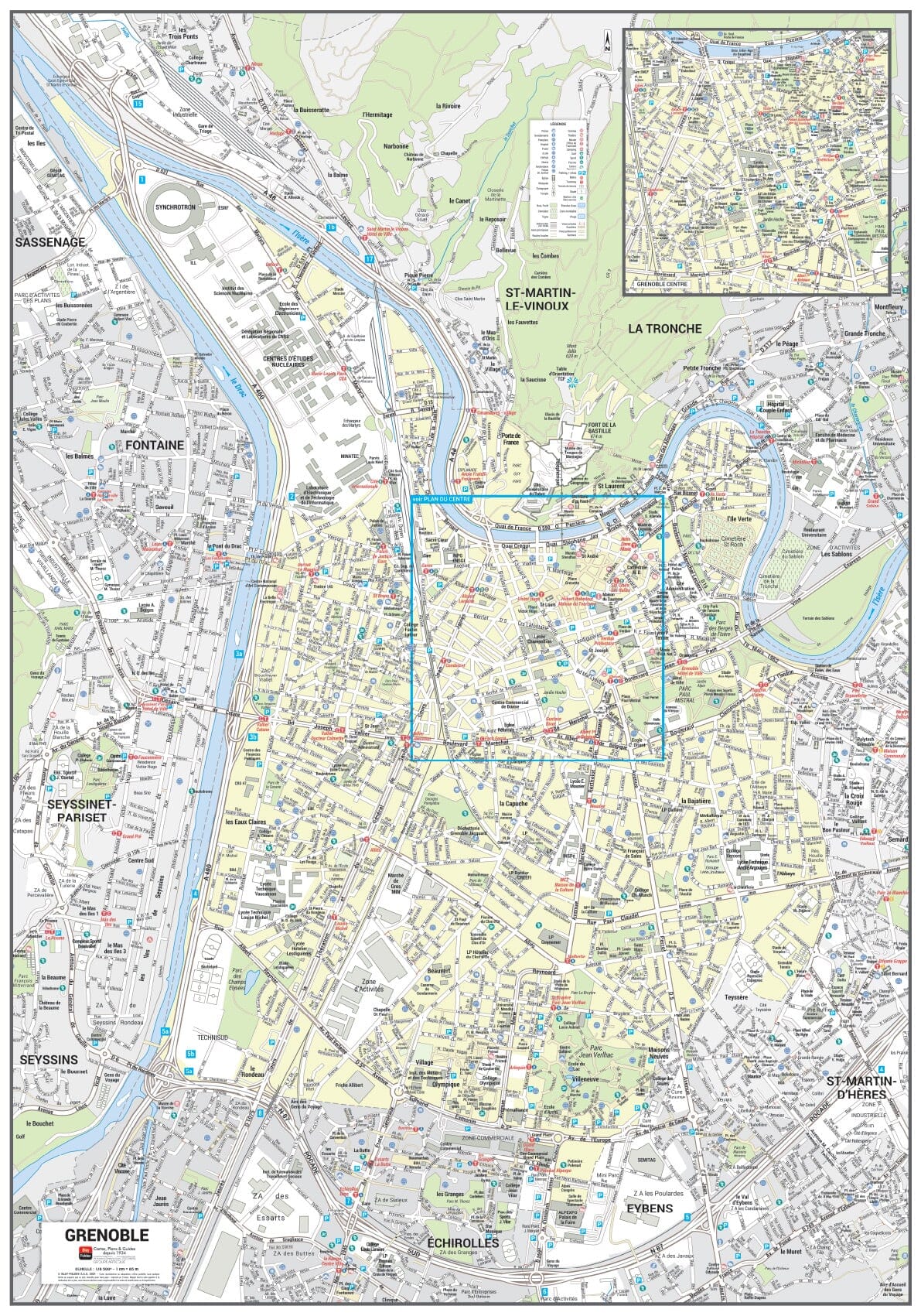 Poster de ville - Grenoble (100 x 70 cm) | Blay Foldex carte murale roulée (en tube) Blay Foldex