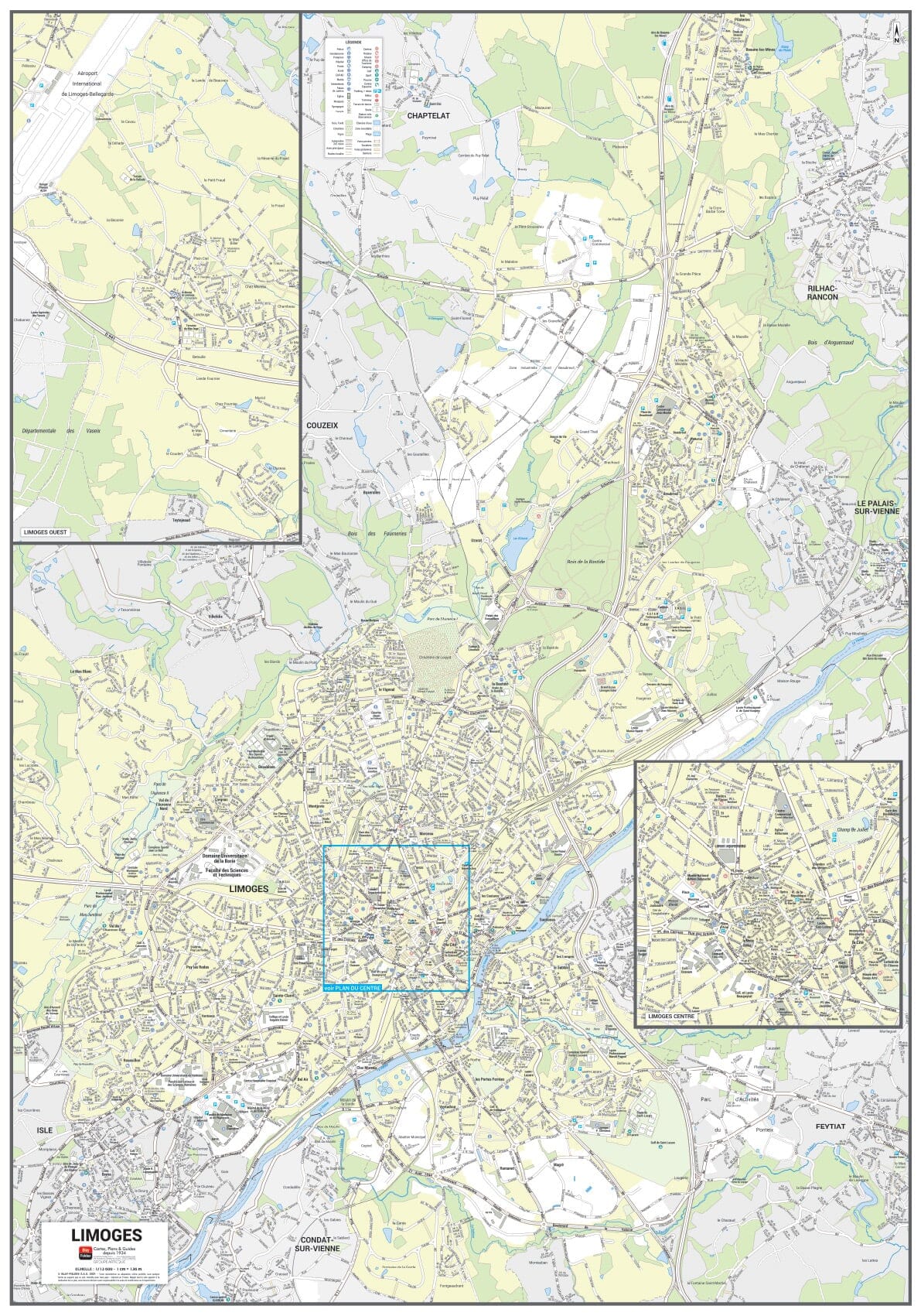 Poster de ville - Limoges (100 x 70 cm) | Blay Foldex carte murale roulée (en tube) Blay Foldex