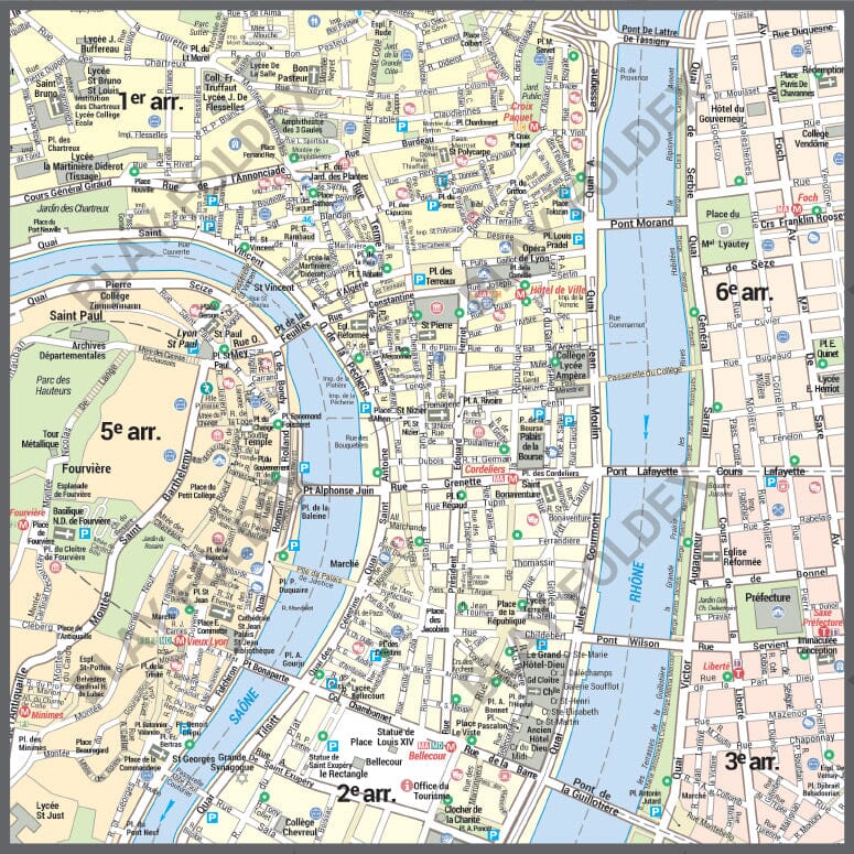 Poster de ville - Lyon (70 x 100 cm) | Blay Foldex carte murale roulée (en tube) Blay Foldex