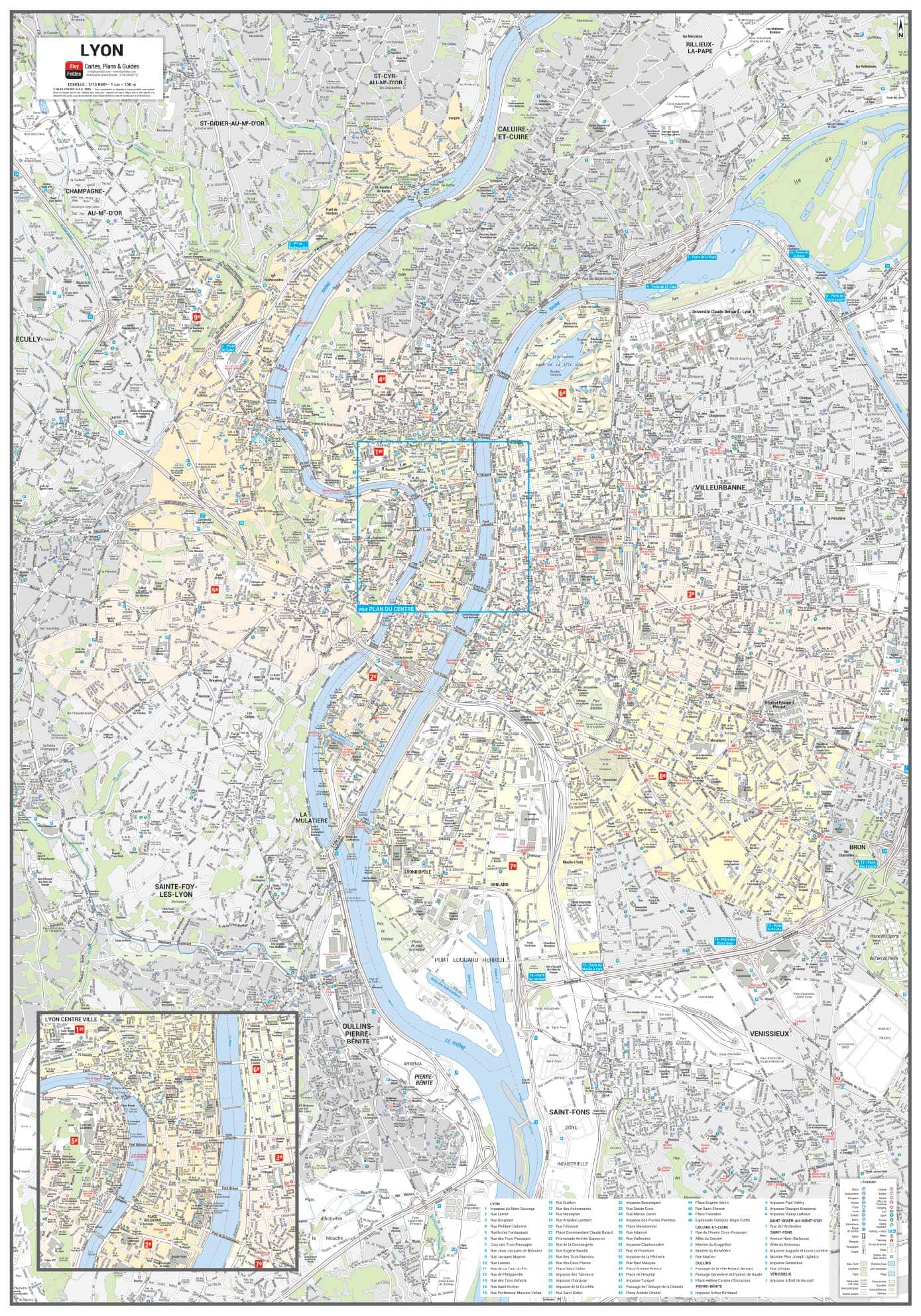 Poster de ville - Lyon (70 x 100 cm) | Blay Foldex carte murale roulée (en tube) Blay Foldex