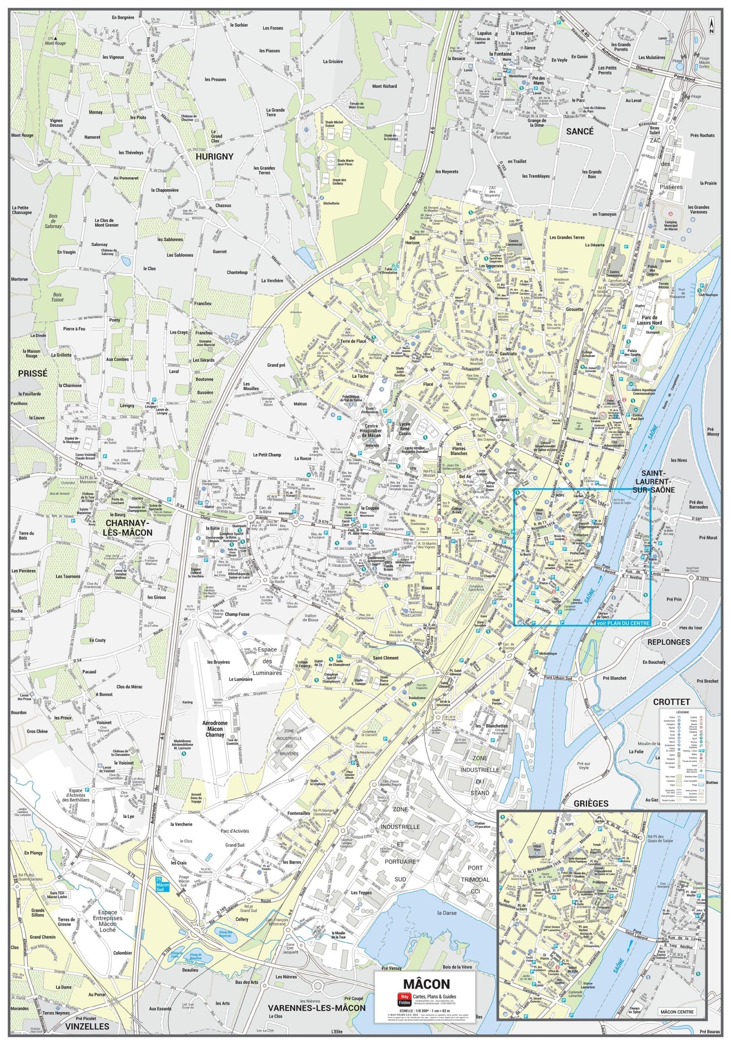 Poster de ville - Mâcon (70 x 100 cm) | Blay Foldex carte murale roulée (en tube) Blay Foldex