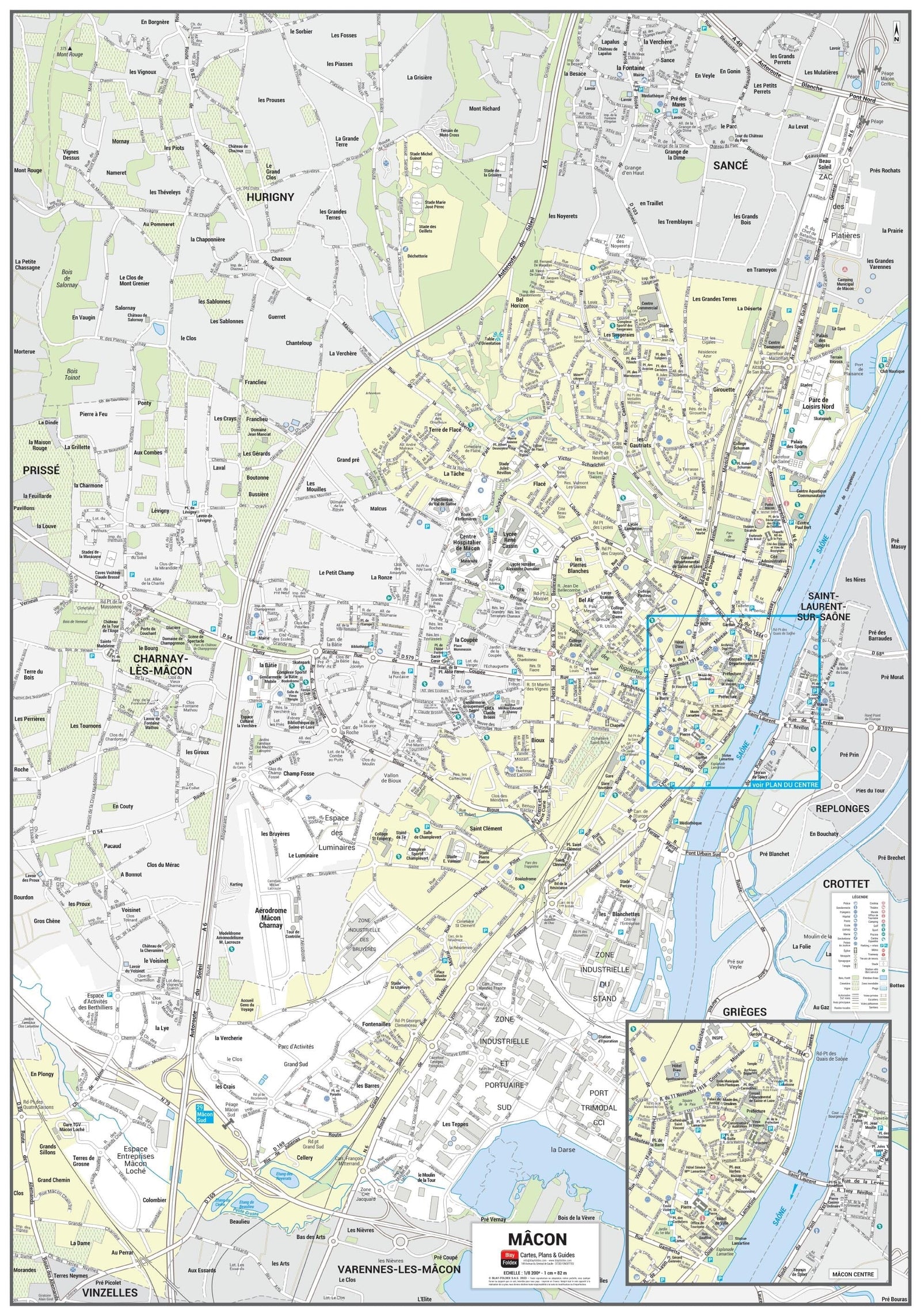 Poster de ville - Mâcon (70 x 100 cm) | Blay Foldex carte murale roulée (en tube) Blay Foldex