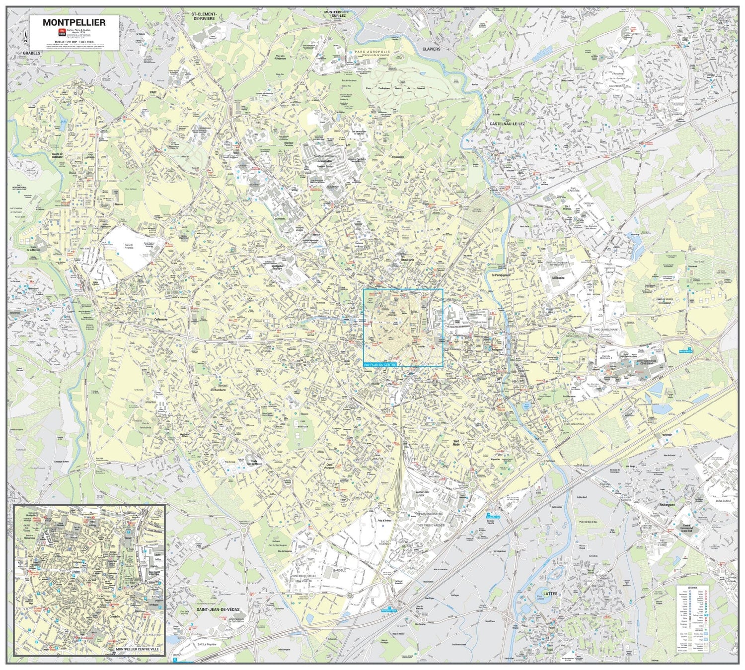 Poster de ville - Montpellier (100 x 90 cm) | Blay Foldex carte murale roulée (en tube) Blay Foldex
