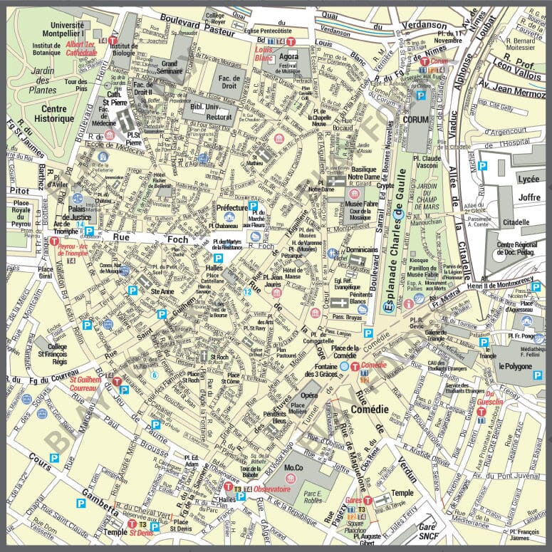 Poster de ville - Montpellier (100 x 90 cm) | Blay Foldex carte murale roulée (en tube) Blay Foldex