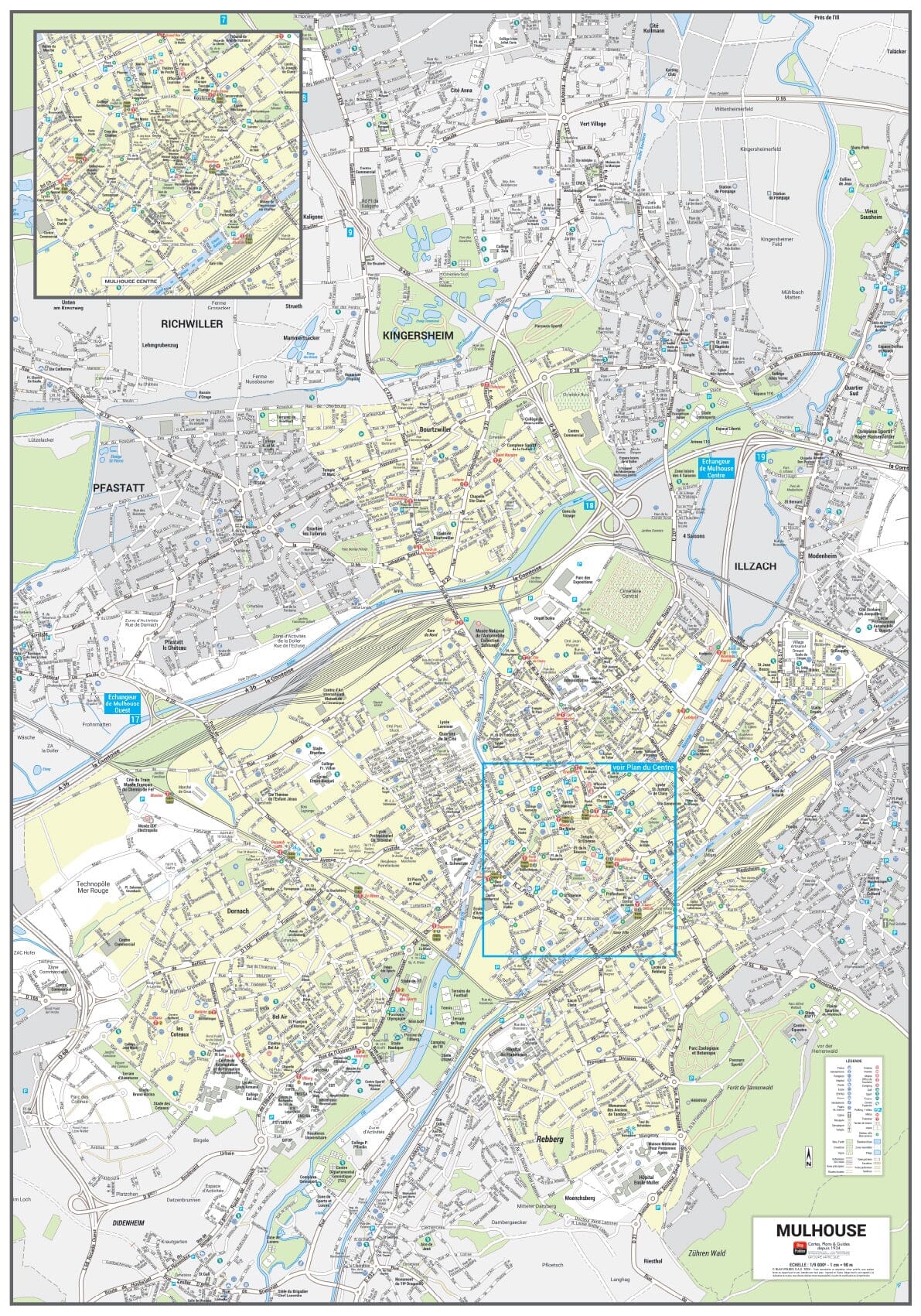 Poster de ville - Mulhouse (100 x 70 cm) | Blay Foldex carte murale roulée (en tube) Blay Foldex