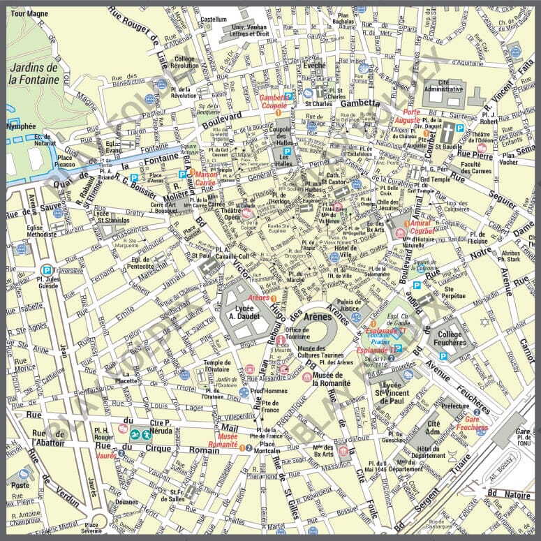 Poster de ville - Nîmes (100 x 70 cm) | Blay Foldex carte murale roulée (en tube) Blay Foldex