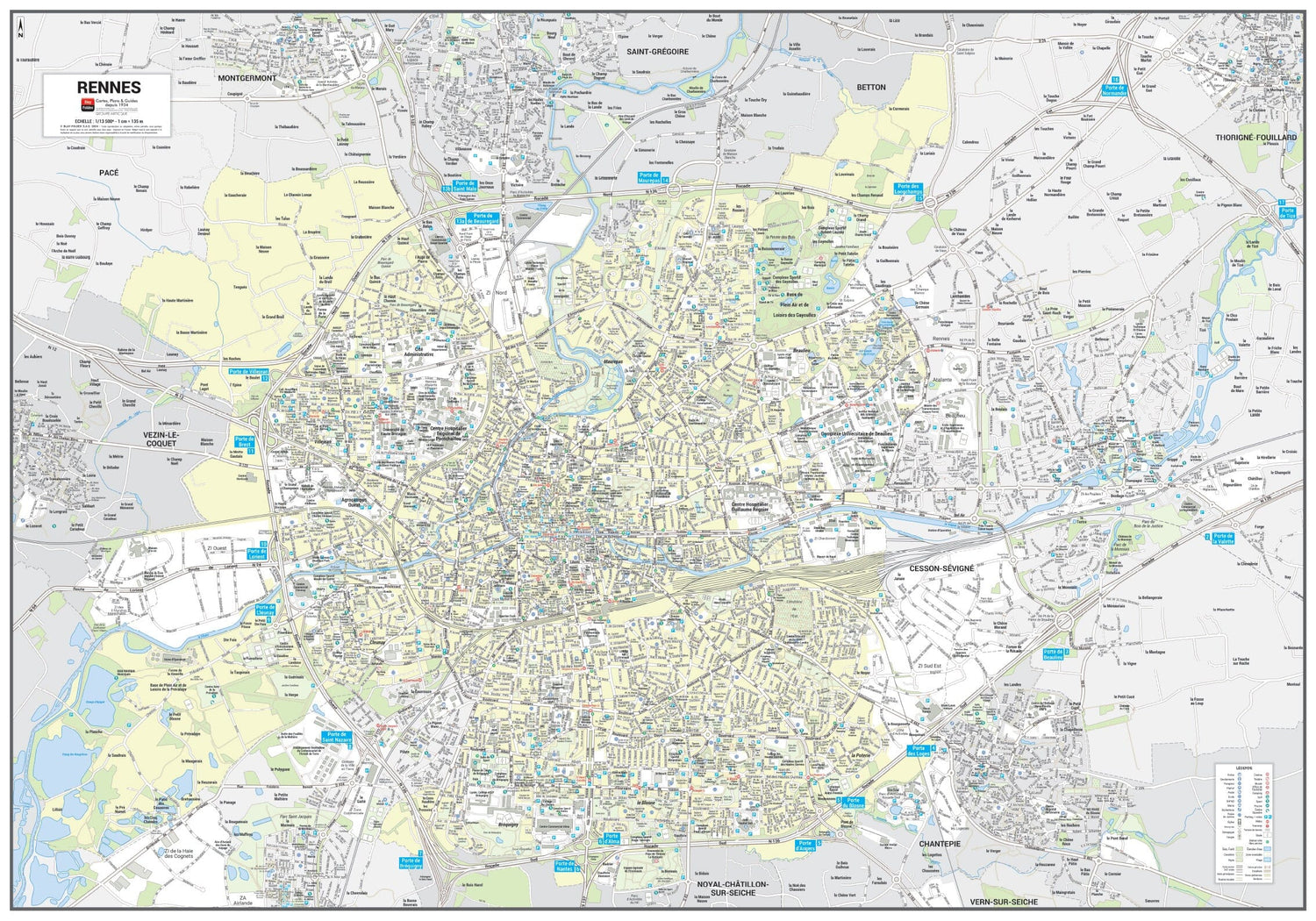 Poster de ville - Rennes (100 x 70 cm) | Blay Foldex carte murale roulée (en tube) Blay Foldex