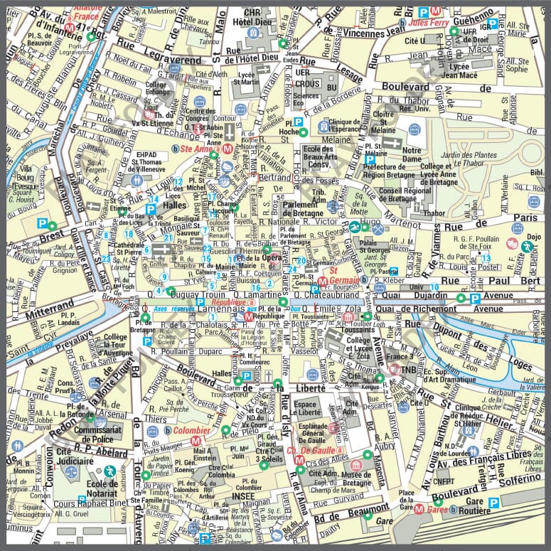 Poster de ville - Rennes (100 x 70 cm) | Blay Foldex carte murale roulée (en tube) Blay Foldex