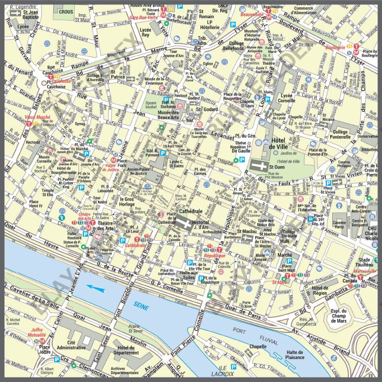 Poster de ville - Rouen (100 x 70 cm) | Blay Foldex carte murale roulée (en tube) Blay Foldex