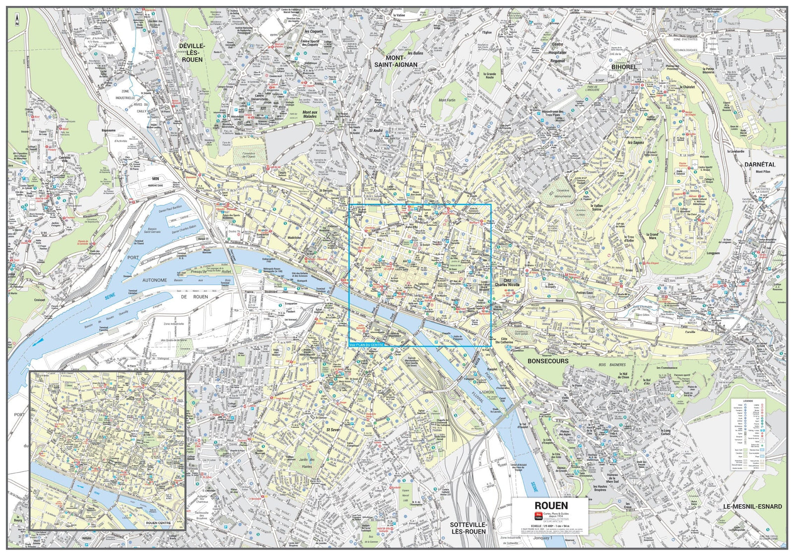 Poster de ville - Rouen (100 x 70 cm) | Blay Foldex carte murale roulée (en tube) Blay Foldex