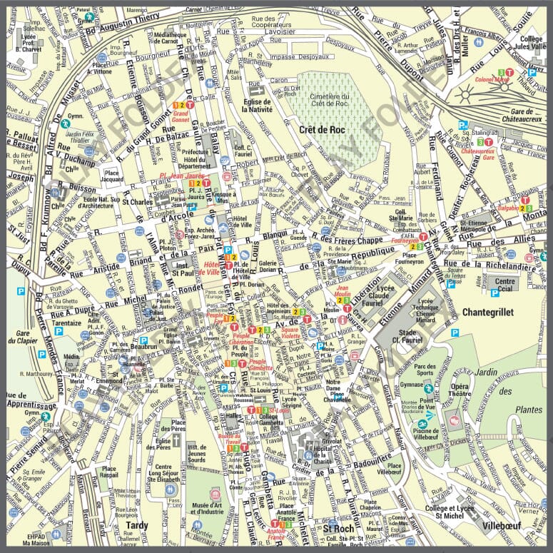 Poster de ville - Saint-Étienne (70 x 100 cm) | Blay Foldex carte murale roulée (en tube) Blay Foldex