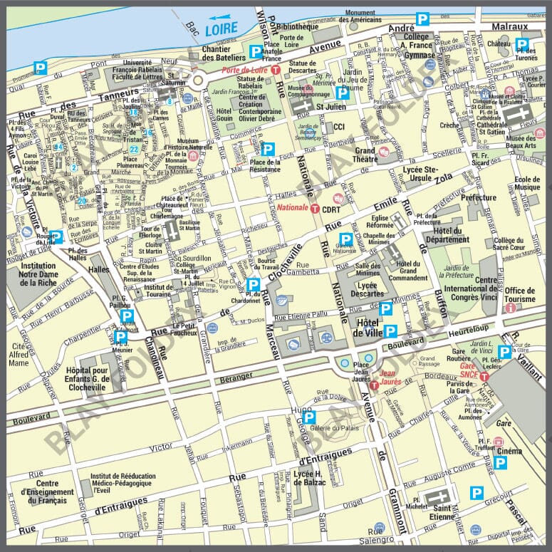Poster de ville - Tours (70 x 100 cm) | Blay Foldex carte murale roulée (en tube) Blay Foldex