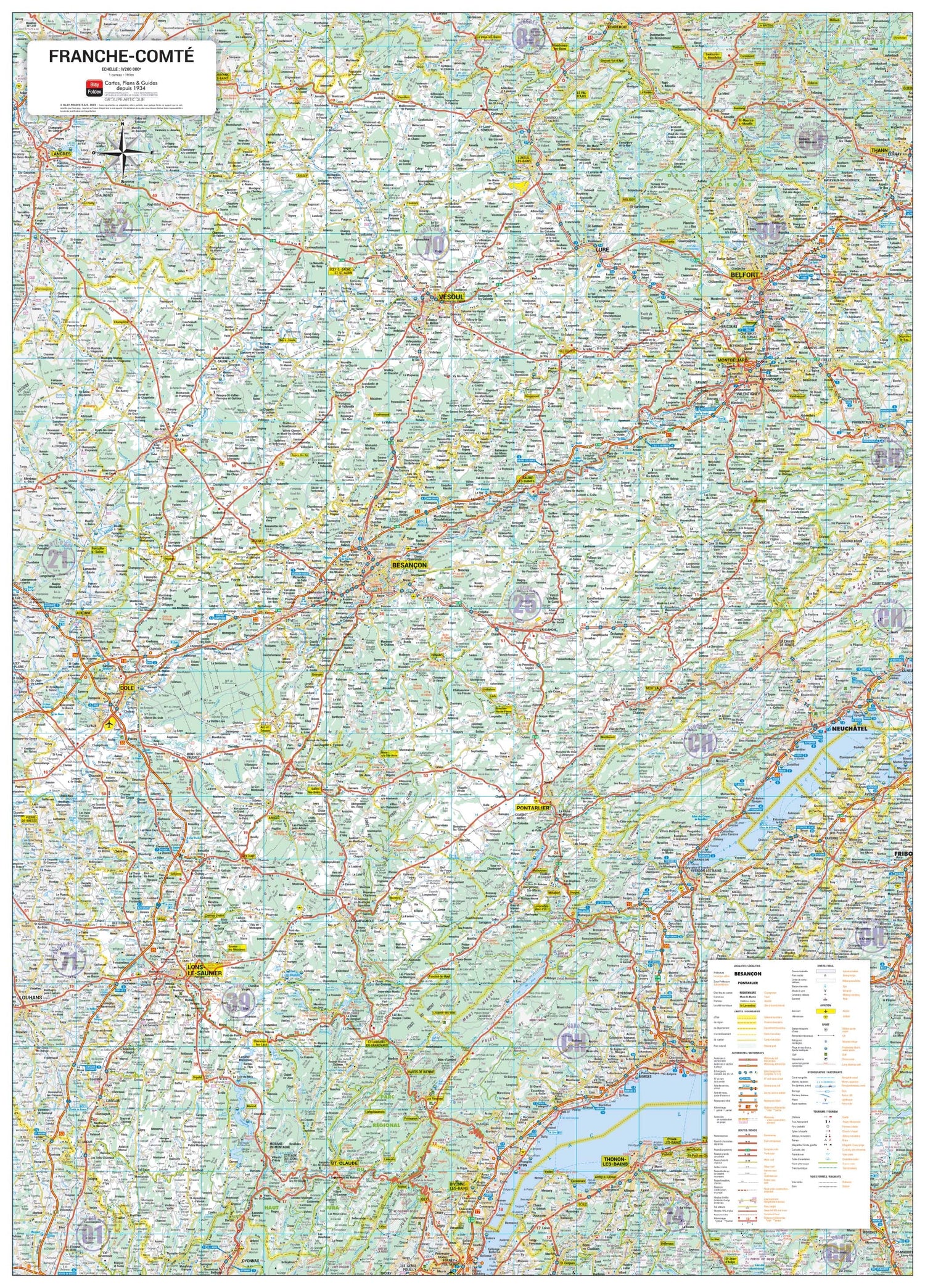 Poster - Franche-Comté (74 × 103 cm) | Blay Foldex carte murale roulée (en tube) Blay Foldex