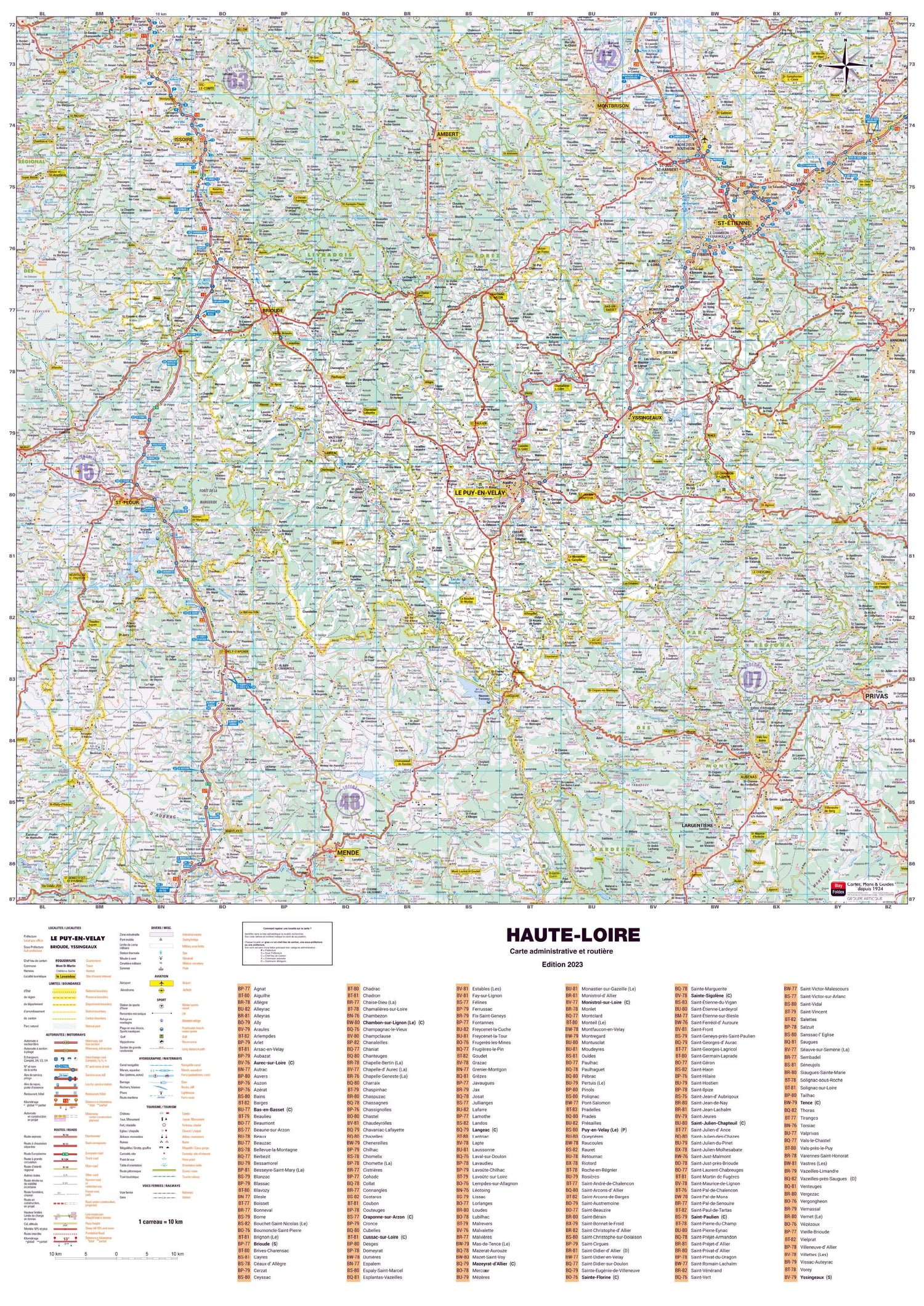 Poster - Haute-Loire (119 x 85 cm) | Blay Foldex carte murale roulée (en tube) Blay Foldex