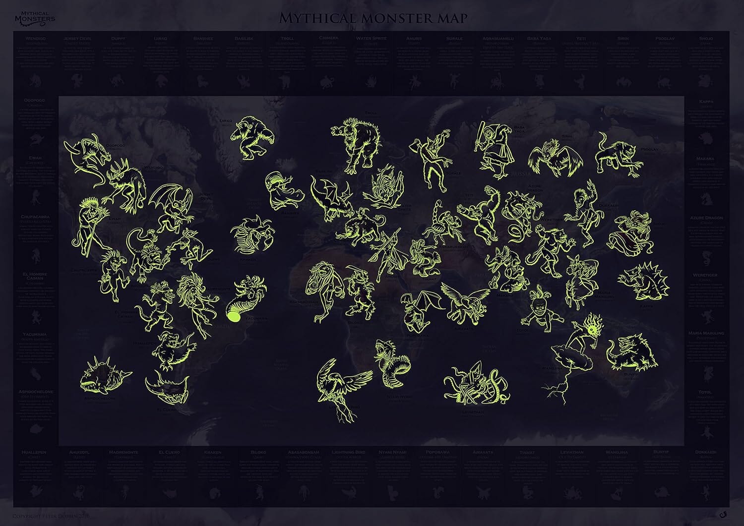 Poster phosphorescent pour enfants (en anglais) - Monstres Mythiques du Monde (84 x 60 cm) | Maps international carte murale roulée (en tube) Maps International